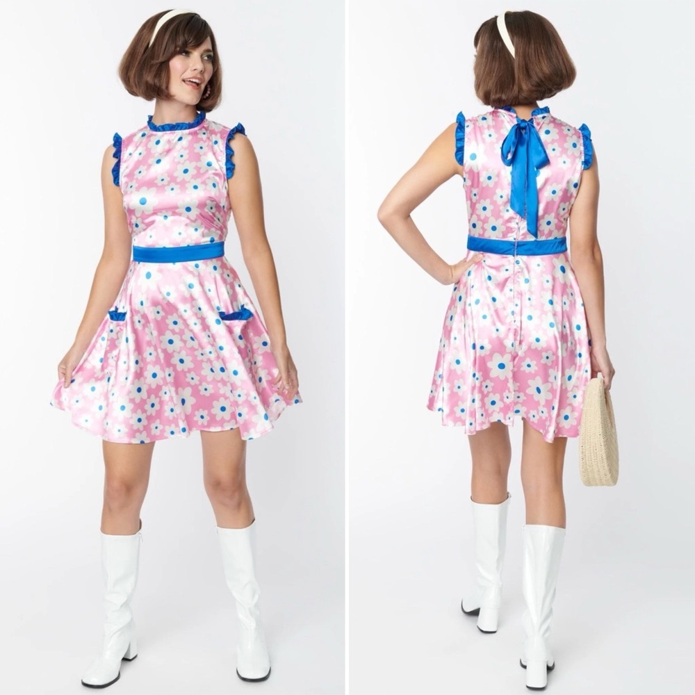 Unique Vintage Pink and Blue Floral Dress